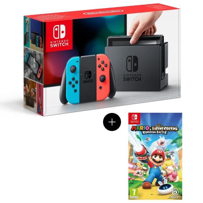 Console Nintendo Switch avec paire de joy-con bleu néon / rouge néon + Mario The Lapins Crétins Kingdom Battle Jeu Switch