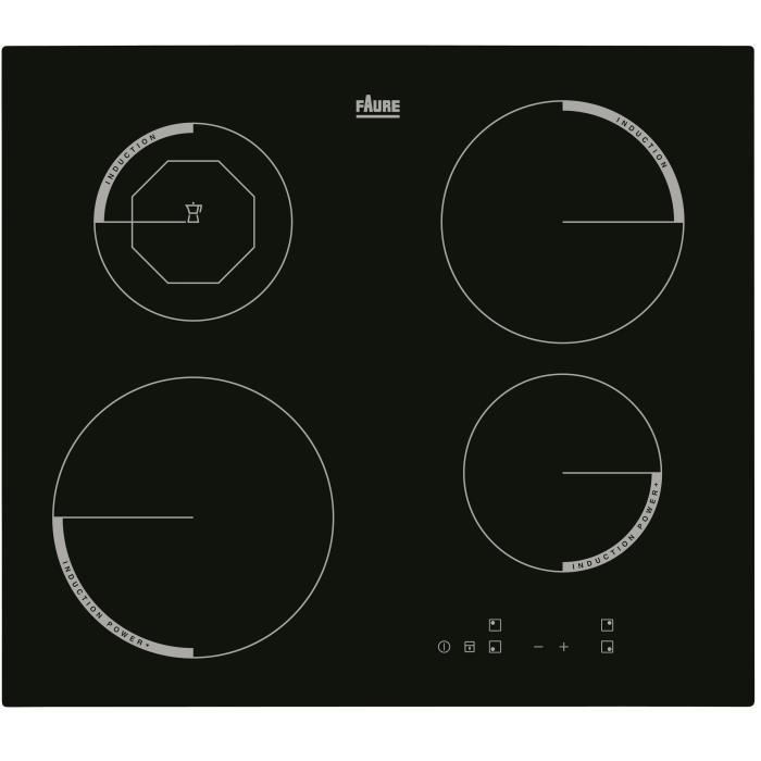 FAURE F6204IOK Table de cuisson Induction - 4 zones - 6600W - L59 x P52cm - Revêtement verre - Noir