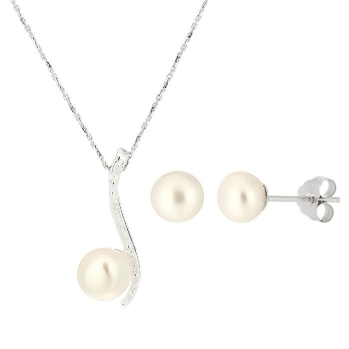NACRE DE PERLE Parure Collier avec Pendentif Argent 925° et Boucles d'Oreilles Perle - Chaîne en argent 925° offerte