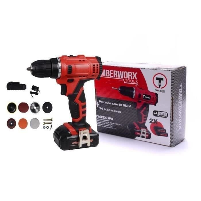 TIMBERWORX perceuse visseuse sans fil - 16,8 V - 2 batteries - Avec 34 accessoires
