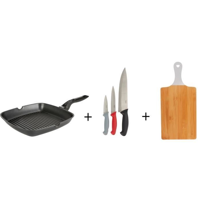 CREALYS Poêle grill carrée - 28 cm + PRADEL HERITAGE Lot de 3 couteaux de cuisine + AMBIANCE NATURE Planche à découper