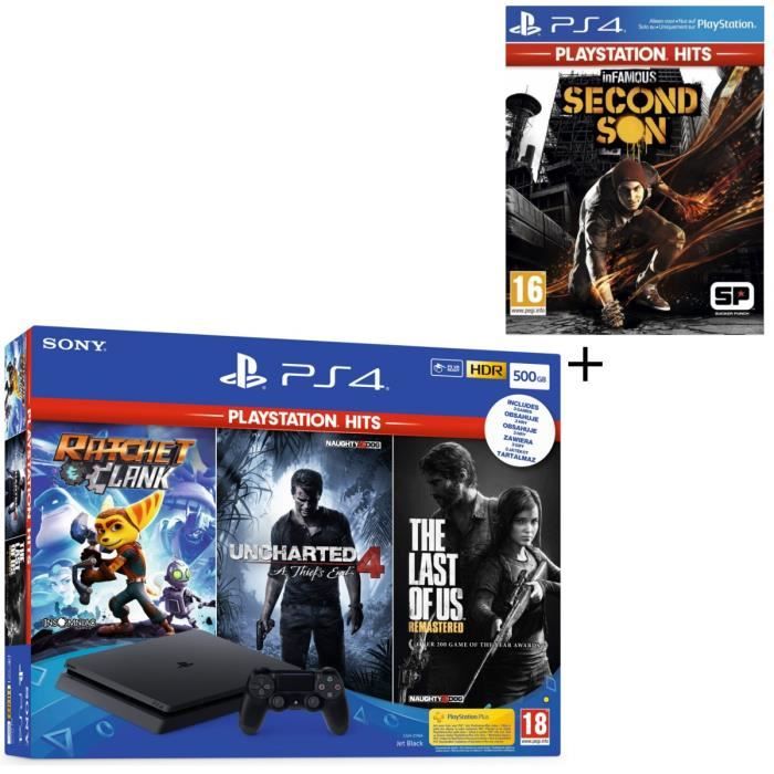Pack PS4 500 Go Noire + 4 Jeux PS Hits : The Last of Us Remastered + Ratchet & Clank + Uncharted 4 A Thief's End + InFamous Second S