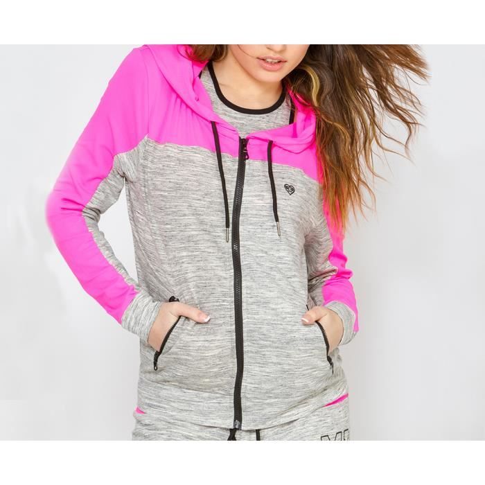FREEGUN Veste Sweat Zippée Gris Chiné et Rose Femme