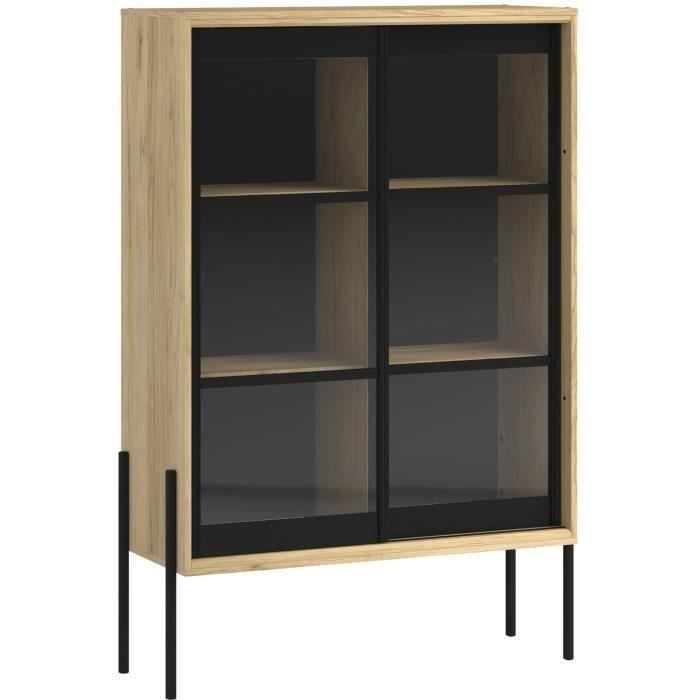 Produit shopeco.fr : CHESTER Vitrine 2 portes - Décor chêne catania et noir - L 102 x P 40 x H 152 cm