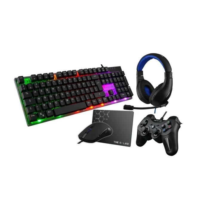 THE G-LAB COMBO BARIUM Clavier FR Rétroéclairé + Souris Ultra Réactive + Casque Technologie X-TRA Bass + Manette Durable + Tapis