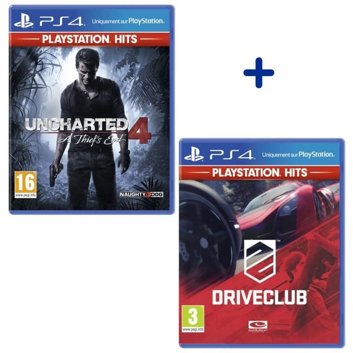 Pack 2 Jeux PS4 PlayStation Hits : Uncharted 4 A Thief's End + DriveClub