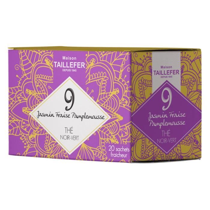 MAISON TAILLEFER Thé Vert Jasmin, Thé Noir Fraise, Pamplemousse en Boite de 20 Sachets Individuels