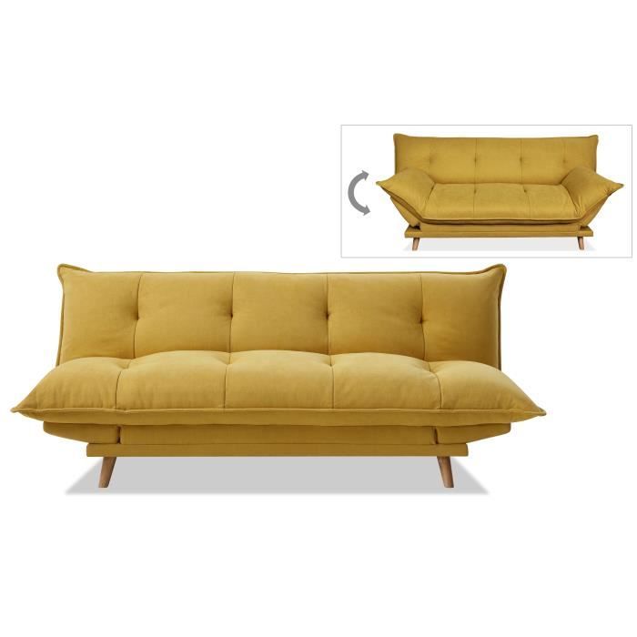 SOFTY Banquette convertible - Tissu jaune - Pieds bois clair - L 191 x P 50 x H 83 cm