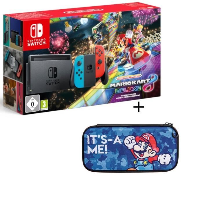 Pack Console Nintendo Switch Mario Kart 8 Deluxe (Code de téléchargement du jeu inclus) + Housse Mario