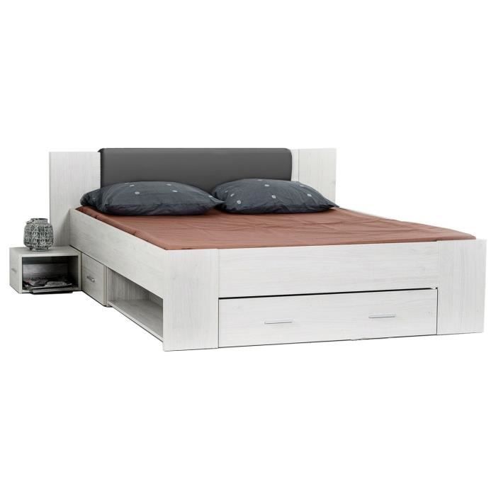 FINLANDEK Lit adulte avec tête de lit capitonnée RAAKA contemporain décor chêne blanchi et noir - l 140 x L 190 cm