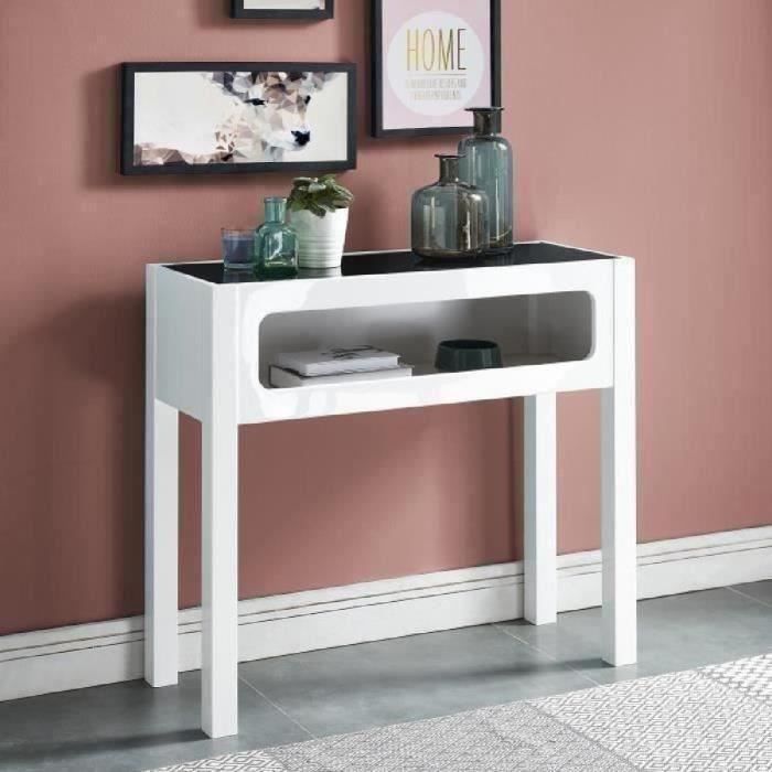 ANGEL Console - Contemporain laqué blanc brillant + plateau en verre noir - L 95 cm