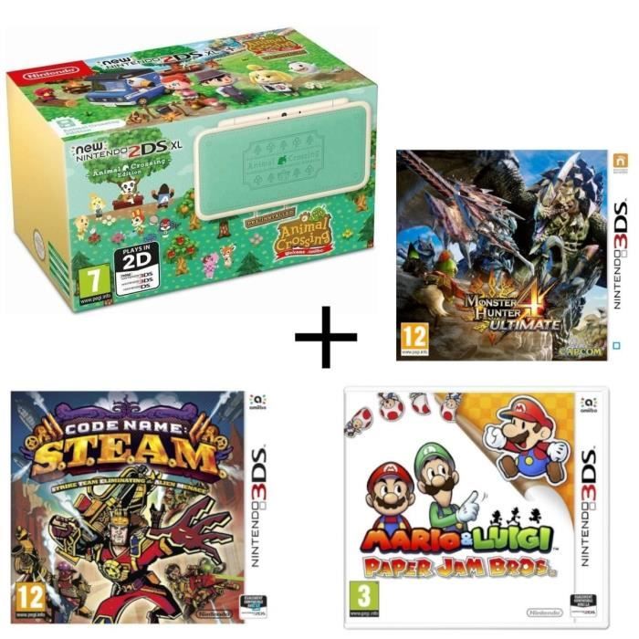 New 2DS XL Animal Crossing + Monster Hunter 4 Ultimate + Mario & Luigi Paper Jam + Code Name : STEAM