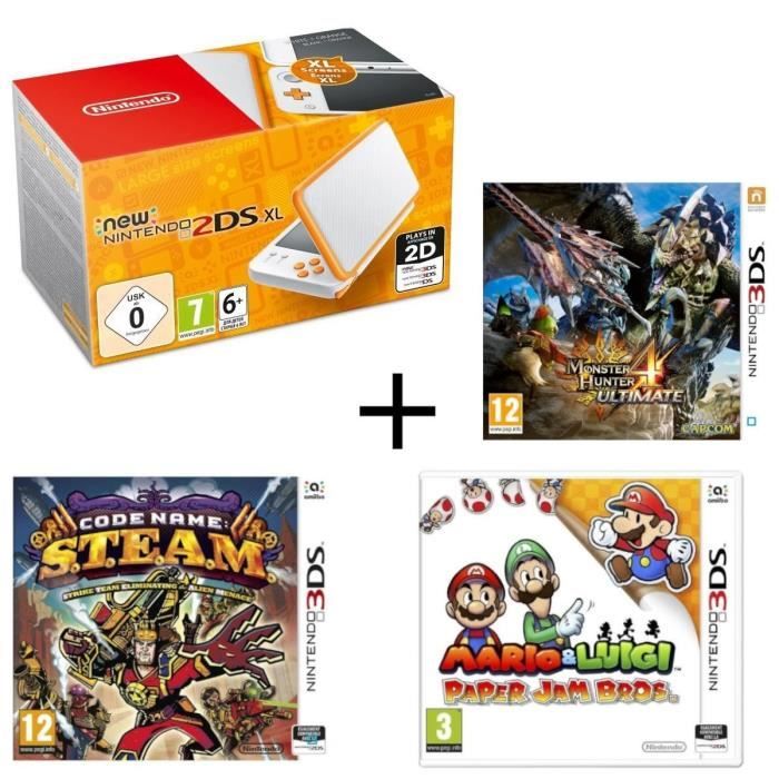 New 2DS XL Blanche et Orange + Monster Hunter 4 Ultimate + Mario & Luigi Paper Jam + Code Name : STEAM