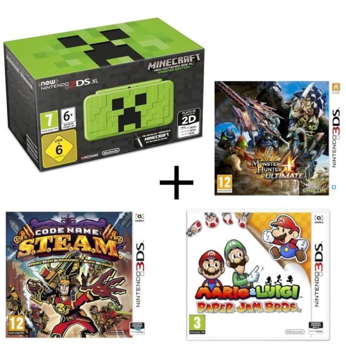 New 2DS XL Minecraft Creeper Edition + Monster Hunter 4 Ultimate + Mario & Luigi Paper Jam + Code Name : STEAM