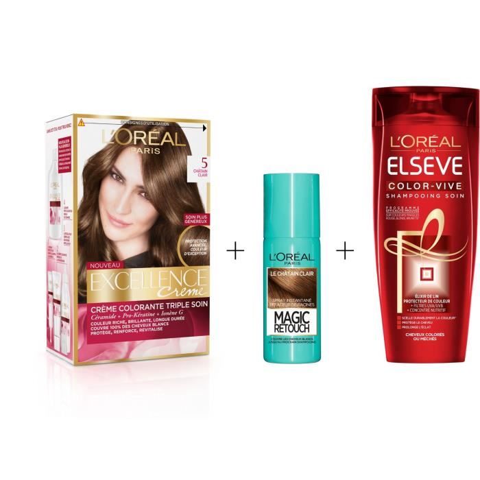Produit shopeco.fr : L'OREAL PARIS Lot coloration Excellence 5.0N Châtain clair + Magic Retouch 75 ml Châtain clair + Shampoing Color-Vive 250 ml