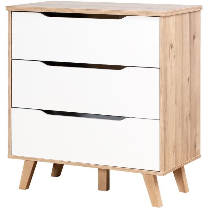 FINLANDEK Commode de chambre VANKKA scandinave décor chêne et blanc mat + pieds en bois massif - L 80 cm