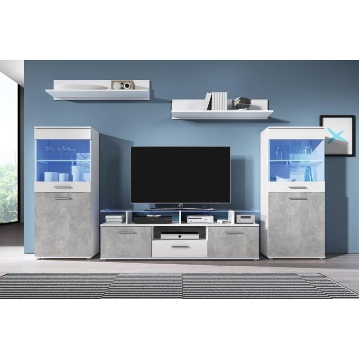 ELIO Meuble TV mural avec LED contemporain blanc brillant et effet béton + plateau en verre - L 252 cm