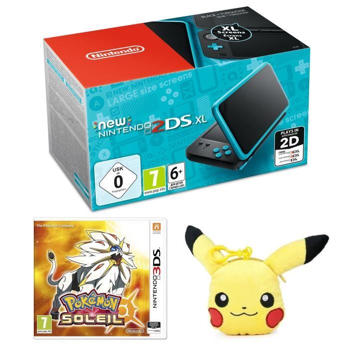 New Nintendo 2DS XL Noire et Turquoise + Pokémon Soleil Jeu 3DS + Porté-Clé Porte-Monnaie Peluche Pikachu