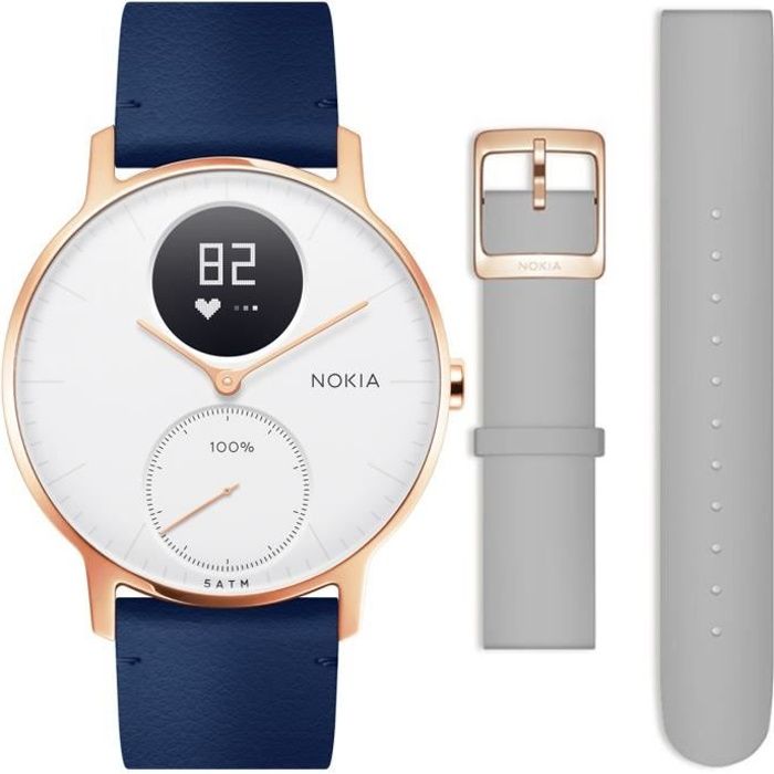 WITHINGS / NOKIA - Montre tracker d'activité STEEL HR 36MM Rose Gold Bracelet cuir Bleu + bracelet silicone Gris
