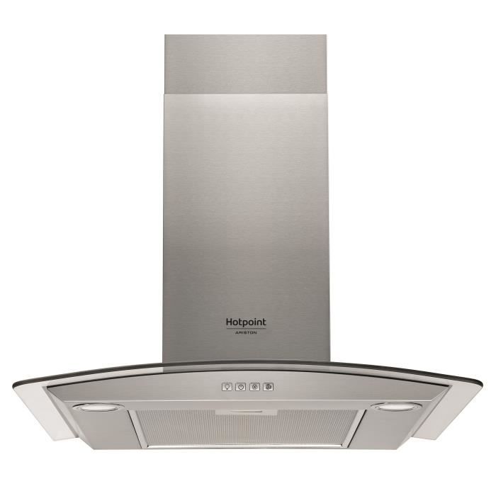 HOTPOINT HHGC6.5FLMX Hotte décorative - Evacuation et recyclage - 432 m3 air / h max - 65 dB max - 3 vitesses - L60cm - Inox + verre