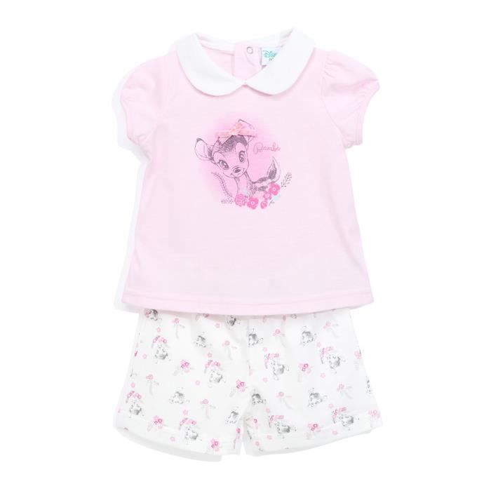 BAMBI Ensemble Short + T-shirt Manches Courtes Rose Clair Sérigraphié Enfant Fille
