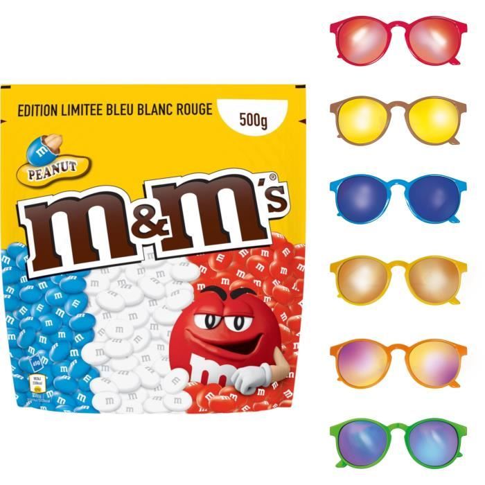 M&M's Cacahuètes enrobées de chocolat - Edition Limitée - Bleu, Blanc et Rouge - Pochon de 500 g + 1 paire de lunettes offerte