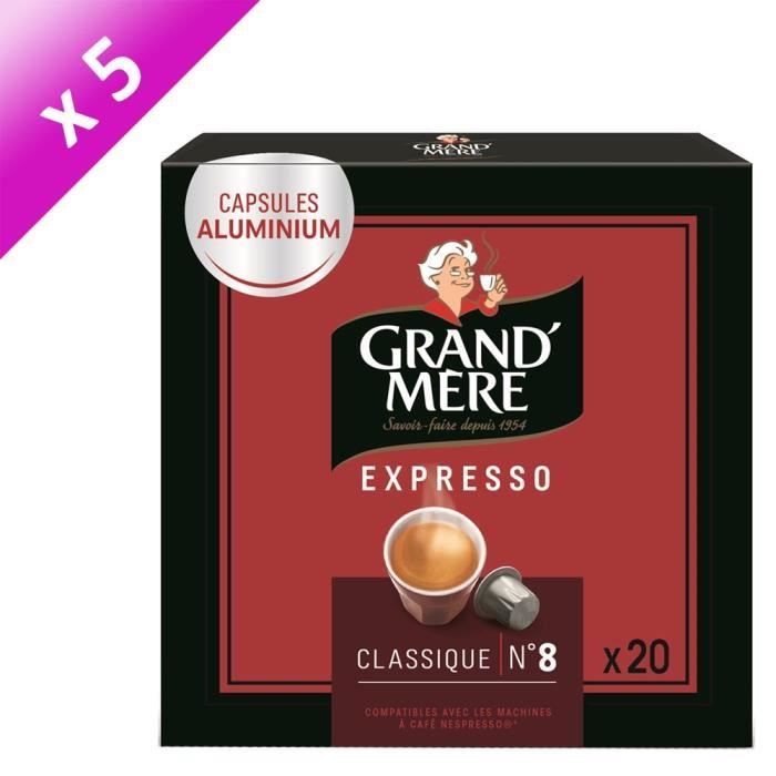 GRAND'MERE Café Expresso classique Intensité 8 - 5 paquets de 20 capsules en aluminium