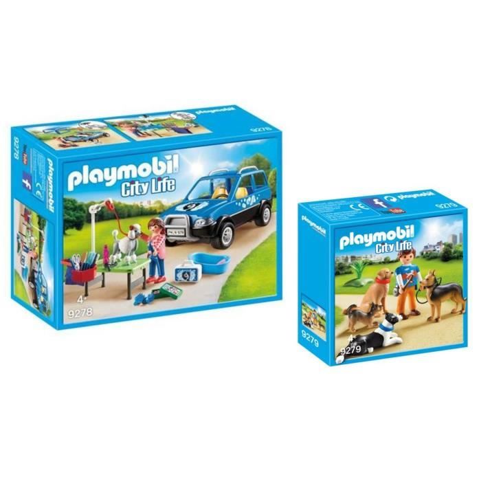 PLAYMOBIL - Pack La Pension des Animaux - 9278 Toiletteuse avec véhicule + 9279 Entraineur et Chiens