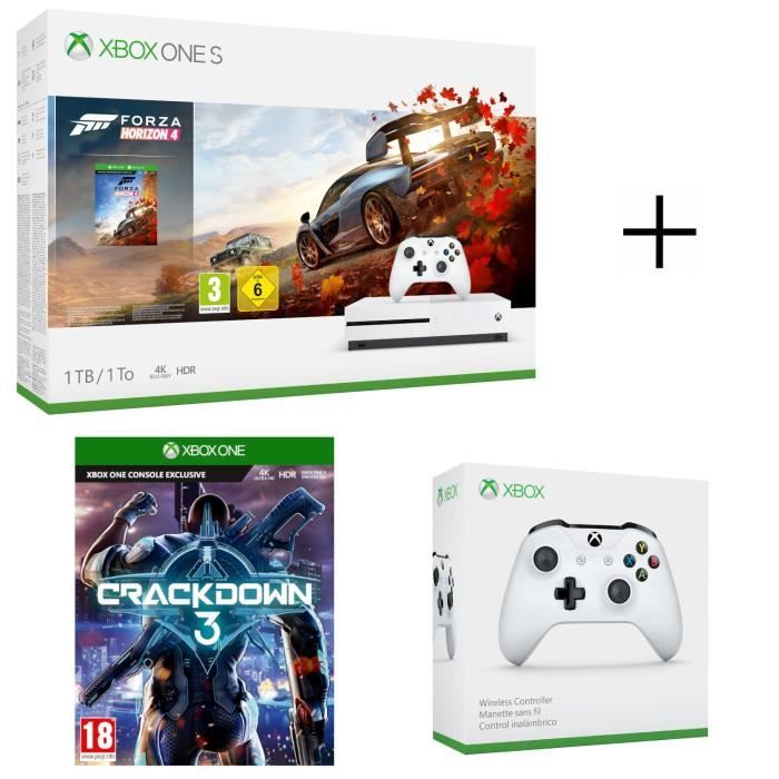 Console Xbox One S 1 To Forza Horizon 4 + CrackDown 3 Jeu Xbox One + Manette sans fil Xbox One Blanche compatible PC