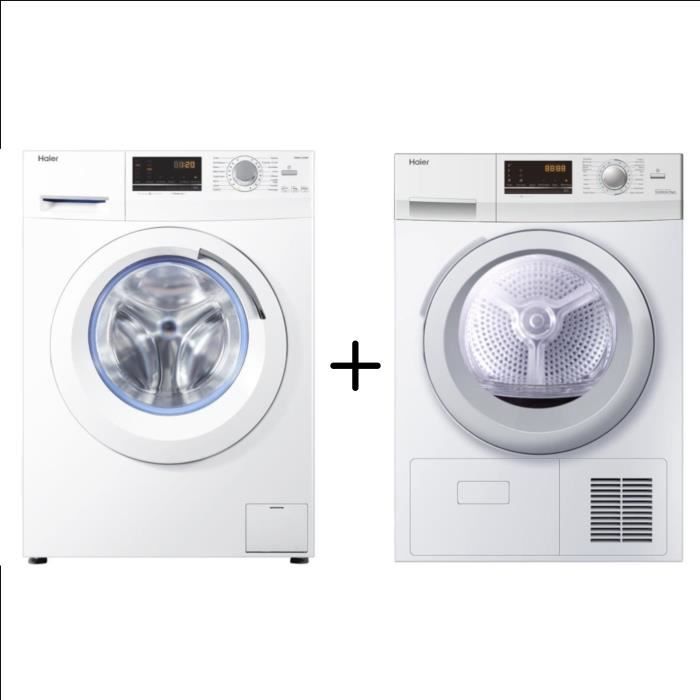 HAIER HW09-14CMF - Lave linge frontal - 9kg - Blanc + HAIER HD90-B636 - Sèche linge frontal - 9 kg - Condensation - Classe B - Blanc