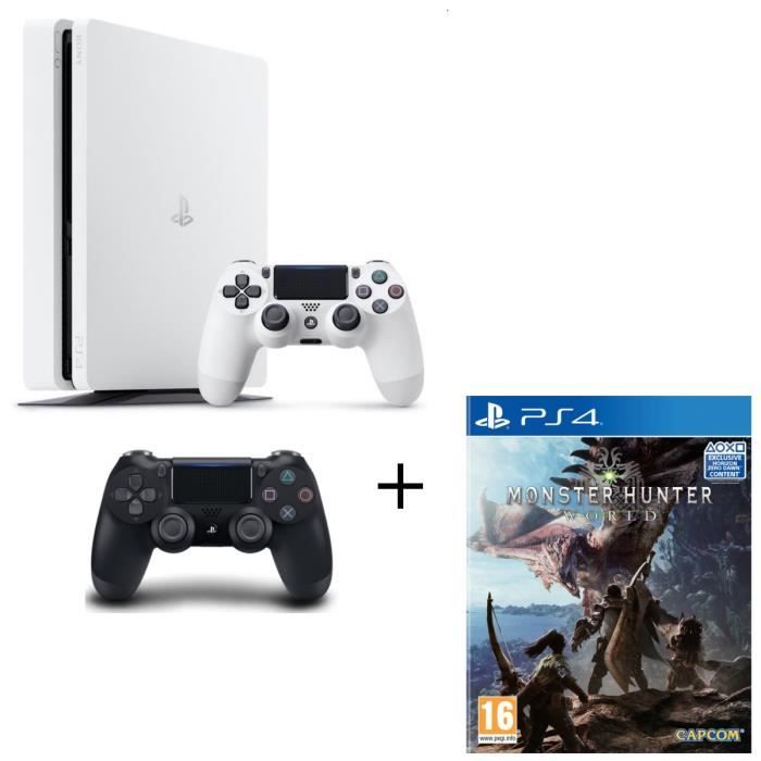 Nouvelle PS4 500 Go Glacier White + 2ème Manette PS4 DualShock 4 Noire V2 + Monster Hunter World Jeu PS4