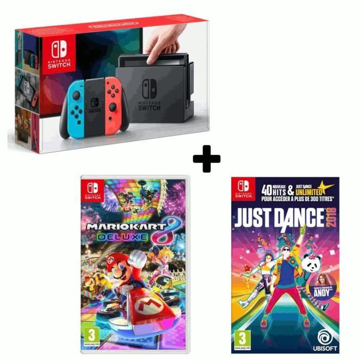 Console Nintendo Switch Néon + 2 Jeux : Just Dance 2018 & Mario Kart 8 Deluxe