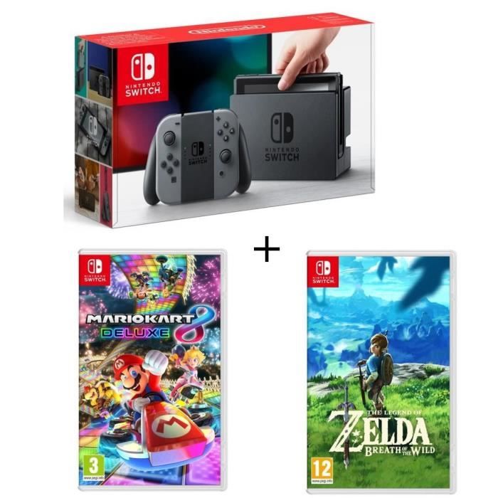 Console Nintendo Switch avec paire de joy-con Gris + Mario Kart 8 Deluxe + The Legend of Zelda Breath of the Wild
