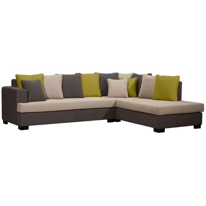 BORA Canapé d'angle droit fixe 5 places - Tissu gris et lemon - Contemporain - L 260 x P 80-200 cm
