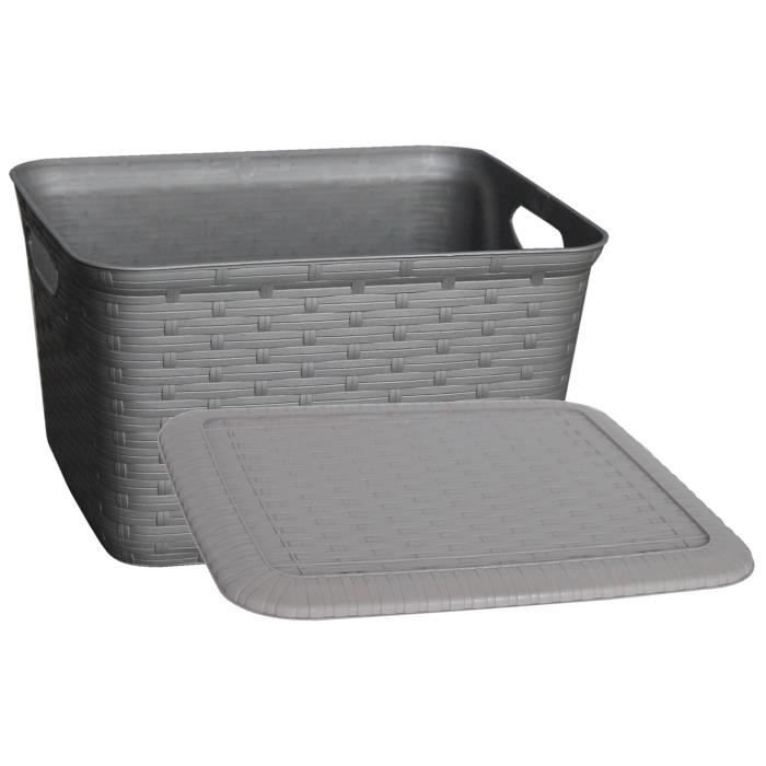 M-HOME Panier à linge + Couvercle aspect osier 25L wengé
