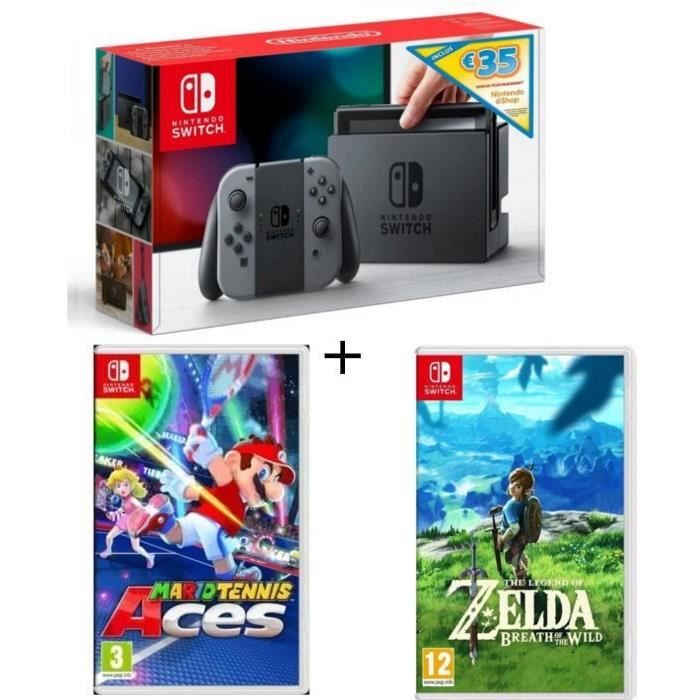Pack Nintendo Switch Grise Edition Limitée + The Legend of Zelda : Breath of the Wild + Mario Tennis Aces + code téléchargement 35€