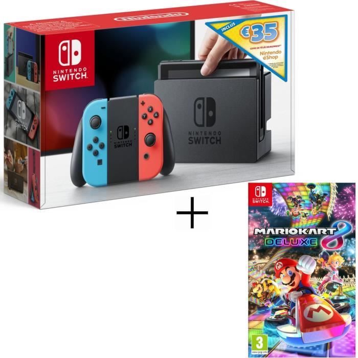 Pack Nintendo Switch avec paire de joy-con bleu néon/rouge néon+Mario Kart 8 Deluxe+code téléchargement 35€ Nintendo eShop
