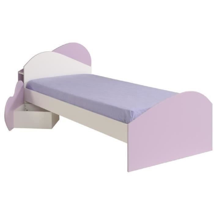 MILENA Ensemble lit enfant + tête de lit étagère intégrée 90x200 cm - Blanc et lilas