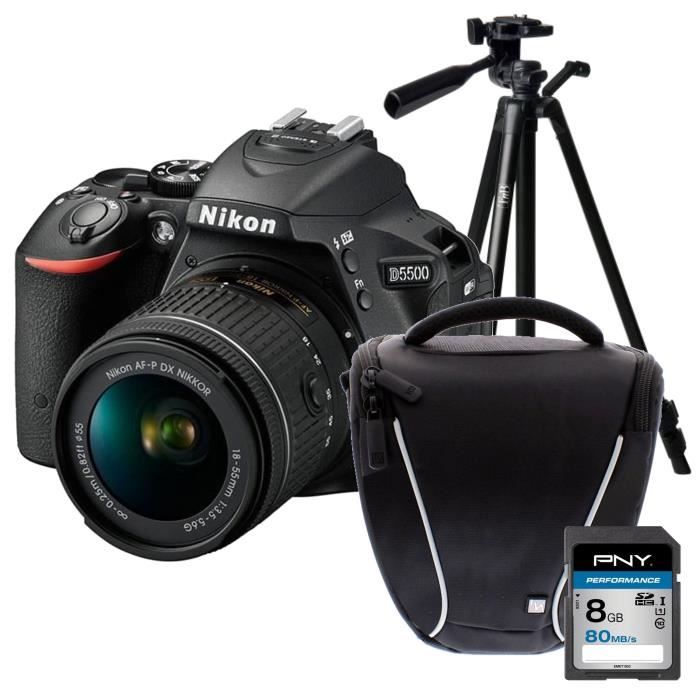 NIKON D5500 + AF-P 18-55VR Appareil photo reflex avec objectif Noir + Carte 8Go + Sacoche + Trepied