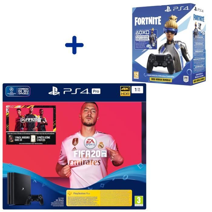 Pack Console PS4 Pro 1To Noire + Fifa 20 + Manette DualShock 4 Noire + PS Plus Voucher 14 Jours + Voucher Fortnite
