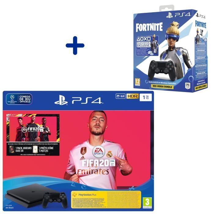 Pack Console PS4 Slim 1To Noire + Fifa 20 + Manette DualShock 4 V2 Noire + PS Plus Voucher 14 Jours + Voucher Fortnite