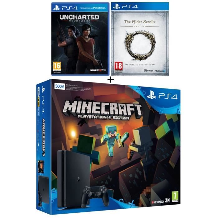 Nouvelle PS4 Slim Noire 500 Go + 3 Jeux : Uncharted : The Lost Legacy + Minecraft (Jeu à télécharger) + The Elder Scrolls
