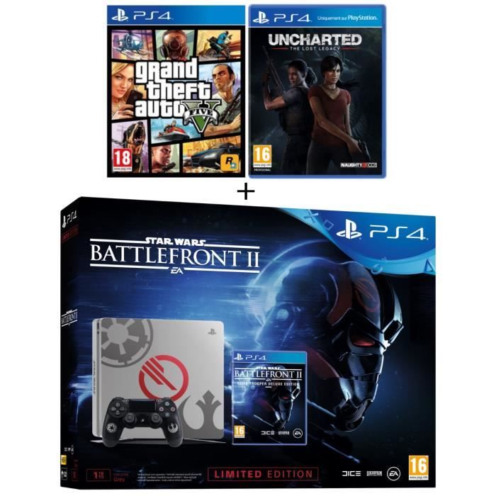 Nouvelle PS4 Slim Edition Spéciale 1 To + 3 jeux : Star Wars Battlefront II Edition Deluxe + GTA V + Uncharted : The Lost Legacy