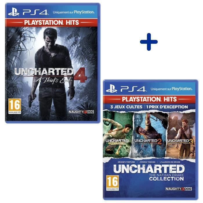 Pack 2 Jeux PS4 PlayStation Hits : Uncharted 4 + Uncharted Nathan Drake Collection