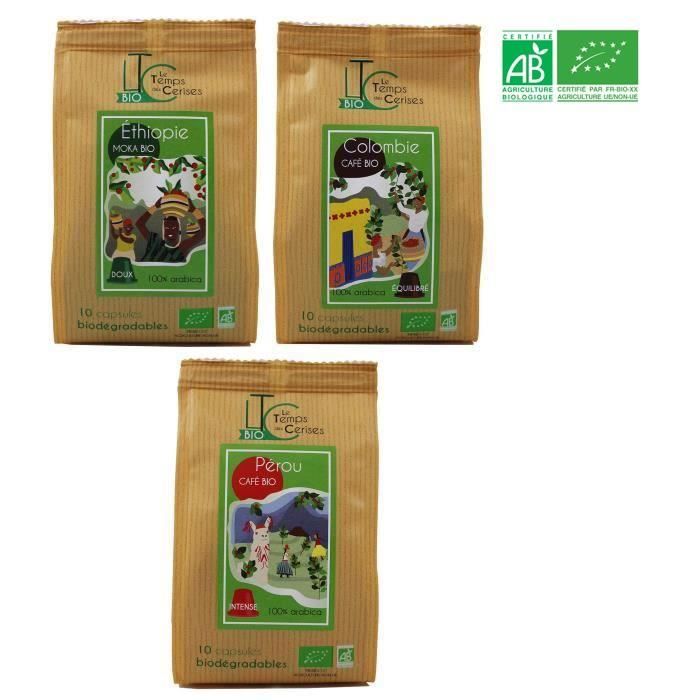 LE TEMPS DES CERISES Lot de 3 cafés du Monde BIO : Colombie, Ethiopie et Pérou - Compatible Nespresso®