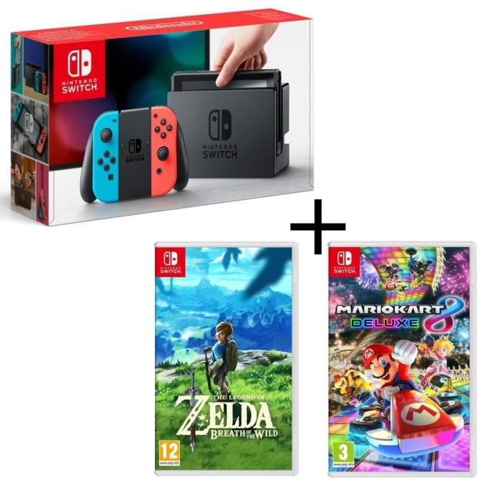Console Nintendo Switch avec paire de joy-con bleu néon / rouge néon + Mario Kart 8 Deluxe + The Legend of Zelda Breath of the Wild
