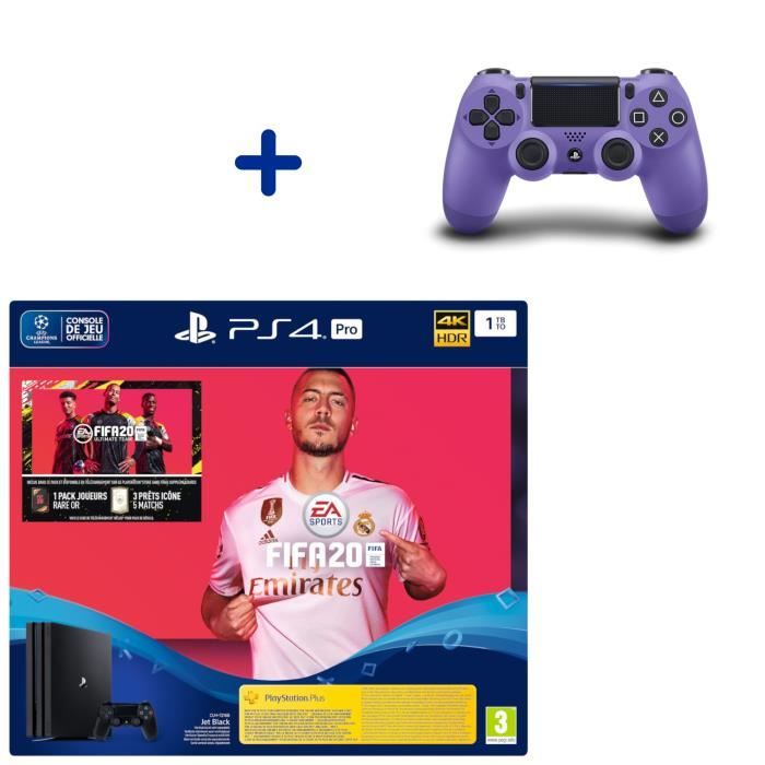 Pack Console PS4 Pro 1To Noire + Fifa 20 + Manette DualShock 4 Electric Purple + PS Plus Voucher 14 Jours