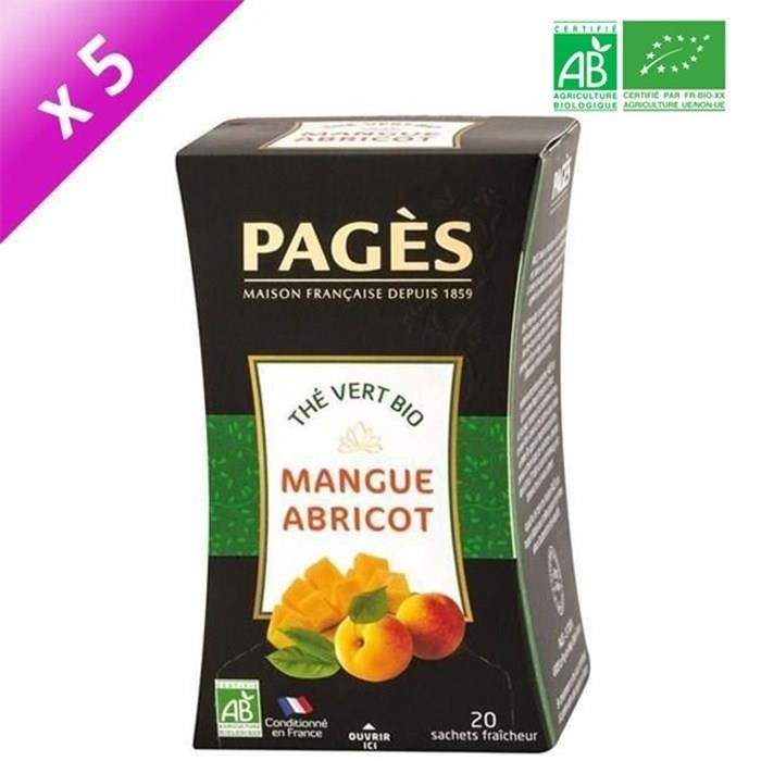 PAGES Lot de 5 Thés Vert Mangue Abricot Bio