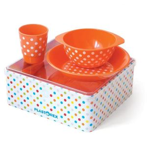 PLASTOREX Coffret Repas mélamine orange décor Petits Pois Blancs (assiette, bol, gobelet) sous boîte métallique décorée