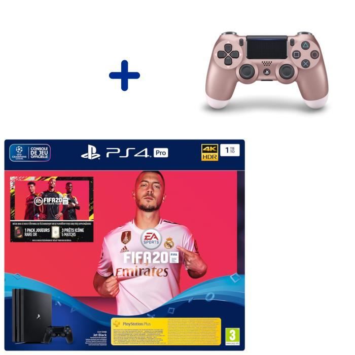 Pack Console PS4 Pro 1To Noire + Fifa 20 + Manette DualShock 4 Rose Gold + PS Plus Voucher 14 Jours